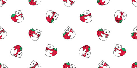 bear seamless pattern polar strawberry fruit vector teddy pet cartoon repeat wallpaper scarf isolated tile background doodle illustration design clip art