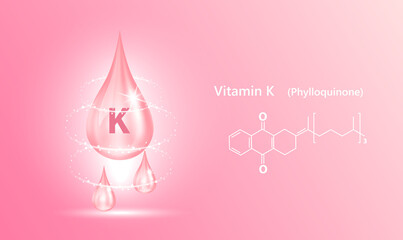 Structure vitamin K drop water collagen pink. 3D Realistic Vector. Medical and scientific concepts. Beauty treatment nutrition skin care design. Vitamin solution complex with Chemical formula nature.