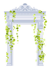 Greek arch pillar vector with ivy plant. 3d Roman antique architecture frame with stone column, vine. White marble door portal and green ivy plant. Classic arch pillar palace building illustration - obrazy, fototapety, plakaty