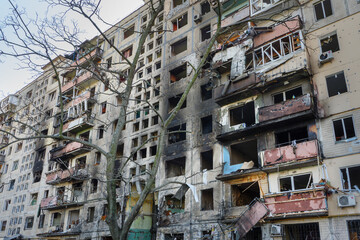 2022 Russian invasion of Ukraine bombed building destroyed Ukraine Russian aggression. Rocket bomb attack Russia against Ukraine war destruction building ruins Kyiv destroyed Mariupol damaged Kharkiv