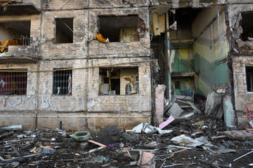 2022 Russian invasion of Ukraine bombed building destroyed Ukraine Russian aggression. Rocket bomb...