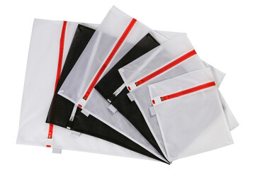 set of six laundry bags, different sizes, on a white background