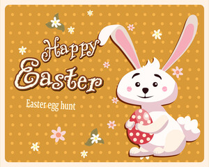 Happy Easter banner retro. Greeting card with rabbit, bunny, egg. Vector illustration vintage