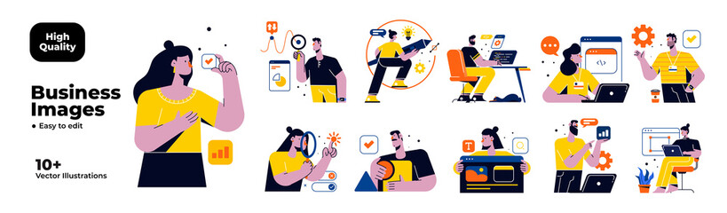 Business Concept illustrations. Mega set. Collection of scenes with men and women taking part in business activities. Vector illustration