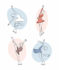 Figure skating one line illustration. Ladies is ice skating. Vector set of silhouettes. © ProfiTrollka