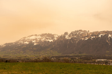 Sahara dust over the rhine valley in Liechtenstein