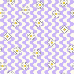 Obraz premium Psychedelic hippie surface pattern design. Abstract seamless vector pattern. Chamomile flowers and wavy stripes, 60s, 70s retro style. vintage floral background