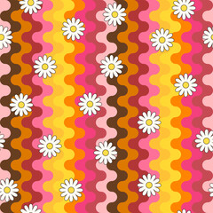 Naklejka na ściany i meble Psychedelic hippie surface pattern design. Abstract seamless vector pattern. Chamomile flowers and wavy stripes, 60s, 70s retro style. vintage floral background