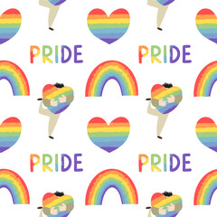 Rainbow hearts and lgbtq color signs seamless pattern, hand drawn illustration on white background