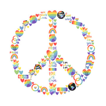 Rainbow sign of peace illustration, lgbtq community signs, hand drawn isolated illustration on white background