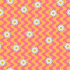 Psychedelic hippie surface pattern design. Abstract seamless vector pattern. Chamomile flowers and wavy stripes, 60s, 70s retro style. vintage floral background