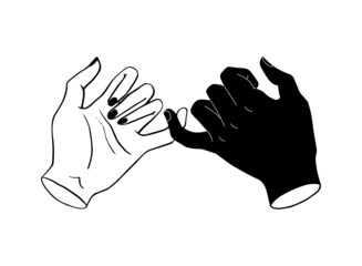 Pinky promise. Black hand silhouette with white hand outline. Little fingers on hand-drawn. Vector illustration of a pair of people's hands swearing on a white background.