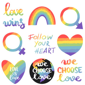 Rainbow elements clipart, lgbtq color, symbol of love, lgbt community signs, hand drawn isolated illustration on white background