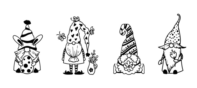 Funny Easter garden gnomes isolated clip arts bundle, Cute dwarfs with Easter eggs and flowers, Easter kids characters, vector