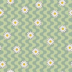 Psychedelic hippie surface pattern design. Abstract seamless vector pattern. Chamomile flowers and wavy stripes, 60s, 70s retro style. vintage floral background
