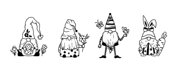 Funny Easter garden gnomes isolated clip arts bundle, Cute dwarfs with Easter eggs and flowers, Easter kids characters, vector