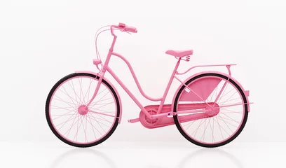 Foto op Plexiglas Fiets Roze fiets op witte muurachtergrond