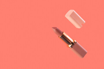 Levitation nude matte lipstick and cap on a pink background in a pink and gold tube top view. Professional cosmetic product for the work of a makeup artist flat lay. Bright backdrop with copy space.