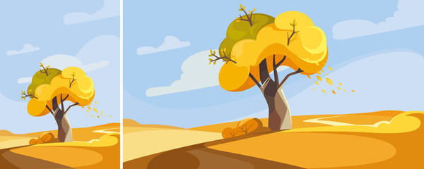 Tree on the hill in autumn season. Natural scenery in different formats.