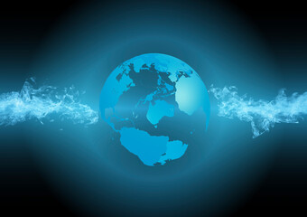 The globe on blue flame with glow, global warming concept.