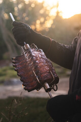 Barbecue ribs on a spit