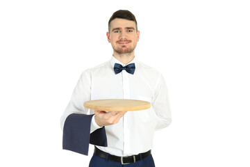 Young man waiter isolated on white background