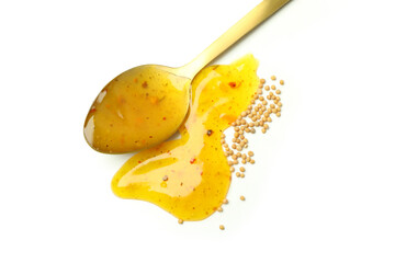 Spoon with mustard honey sauce isolated on white background