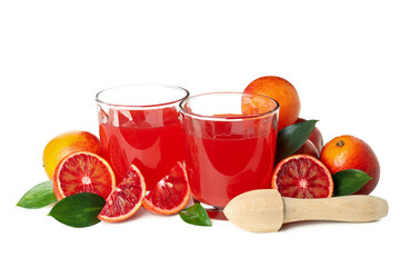 Red orange juice and ingredients isolated on white background