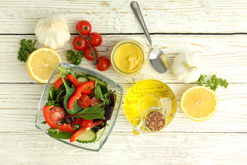 Concept of tasty food with sauce, top view
