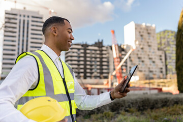 Smiling architect using tablet PC at construction site