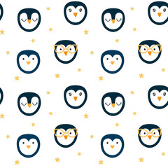 Seamless pattern with cute hand drawn penguins