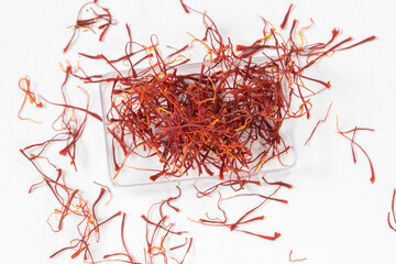 Saffron on white background, kesar, crocus, saffron background, pile of saffron