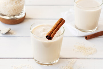 Homemade orchata served with cinnamon