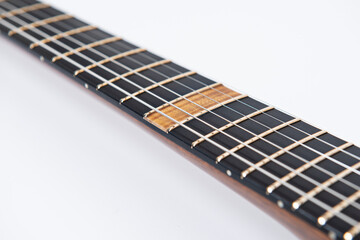 Close-up of a guitar neck, electric guitar body close-up view, Electric guitar on purple velvet...