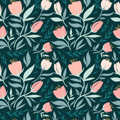 Seamless vector pattern with garden flower, tulip, plants, botanical. Cute pattern with pink flower om dark green background.