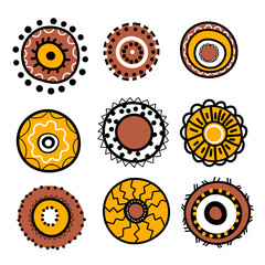 Geometric aboriginal art icon. Ethnic tribal rounded ornament. Afican, australian motiph. Dots painting. Vector illustration, template design for cloth, card, fabric