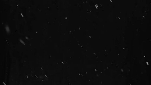 Natural Real Snow Footage On Black Background Isolated, Using For Overlay Effect.