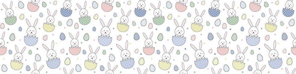 Colourful Easter banner with cute bunnies and eggs. Seamless pattern. Vector