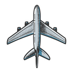 passenger plane top view color sketch engraving raster illustration. T-shirt apparel print design. Scratch board imitation. Black and white hand drawn image.
