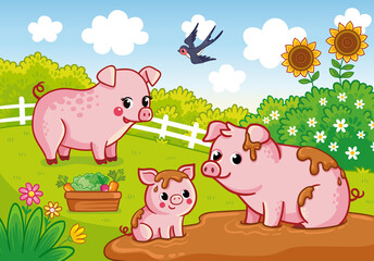 Family of pigs with a baby sitting in the mud in a summer meadow. Vector illustration with cute animals - obrazy, fototapety, plakaty
