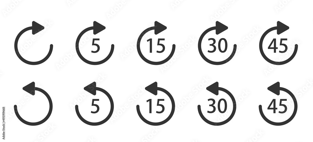 Aufkleber replay icon for application and web or media player control. repeat 5, 15, 30, 45 seconds simple vec