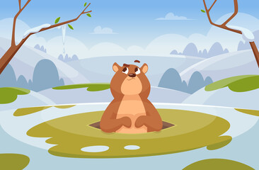 Groundhogs background. Time loop day concept cartoon illustration with wild animal character groundhog in action pose exact vector template