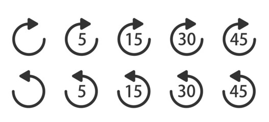 Replay icon for application and web or Media player control. Repeat 5, 15, 30, 45 seconds simple vector icon. © Ophelia