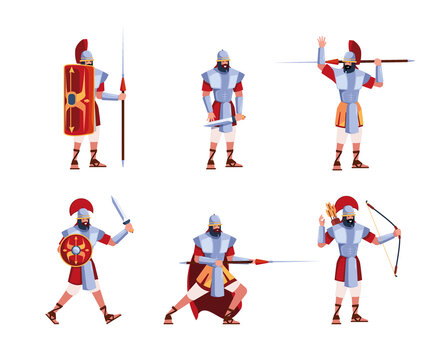 Rome army. Greek legion soldiers with weapons antique fighters from sparta ancients military romain characters garish vector colored warriors