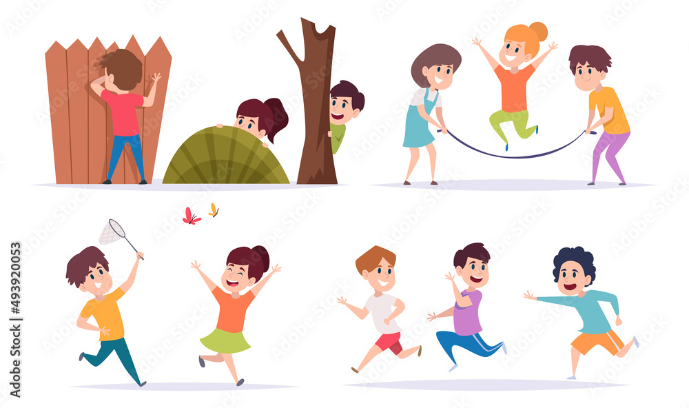 Canvas Prints Kids playing. Outdoor active games for children kids running jumping playing football boys and girls force pulling rope exact vector cartoon colored templates