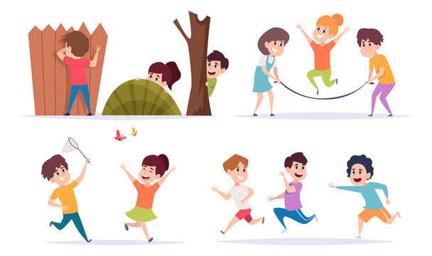 Kids playing. Outdoor active games for children kids running jumping playing football boys and girls force pulling rope exact vector cartoon colored templates