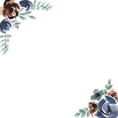 Watercolor frame with simple flowers rose branches for wedding card