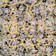 Abstract seamless pattern. Lines, spots on a black background. Yellow flowers on a black background.