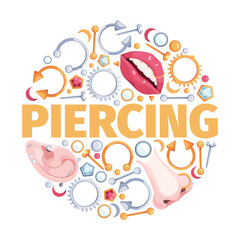 Piercing circle. Decorative round shape with piercing elements dots arrows rings brackets garish vector print design template