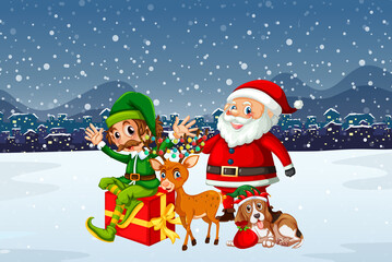 Snowy Christmas night scene with Santa Claus and friends